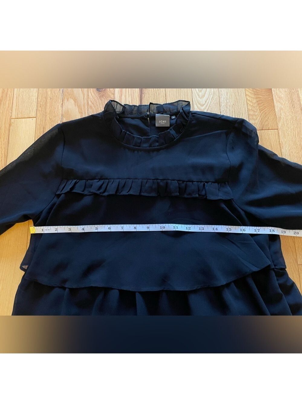 ICHI Black Ruffled Tiered Quarter Sleeve Mandarin Collar Blouse Size 36 - Picture 8 of 8